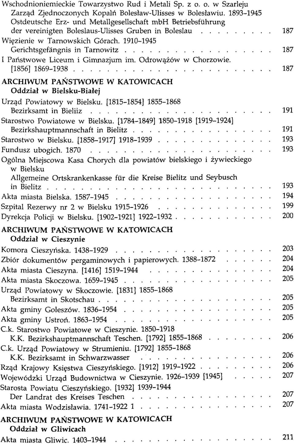 ........ 187 I Panstwowe Liceum i Gimnazjum im. Odrowqz6w w Chorzowie. [1856] 1869-1938................... 187 Oddzial w Bielsku-Bialej Urzqd Powiatowy w Bieisku.