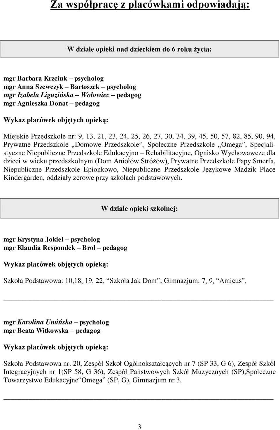 Specjalistyczne Niepubliczne Przedszkole Edukacyjno Rehabilitacyjne, Ognisko Wychowawcze dla dzieci w wieku przedszkolnym (Dom Aniołów Stróżów), Prywatne Przedszkole Papy Smerfa, Niepubliczne