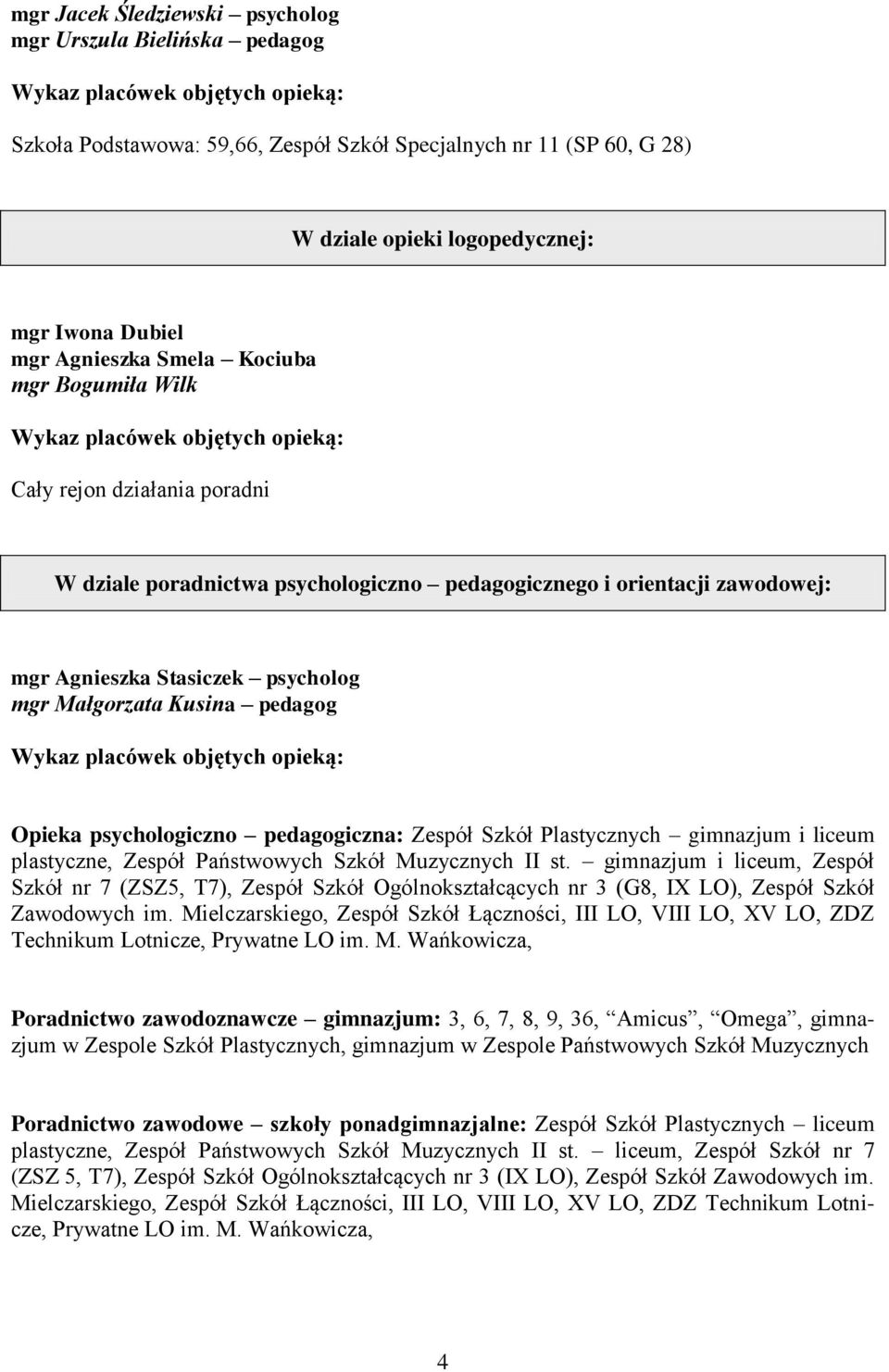 Opieka psychologiczno pedagogiczna: Zespół Szkół Plastycznych gimnazjum i liceum plastyczne, Zespół Państwowych Szkół Muzycznych II st.