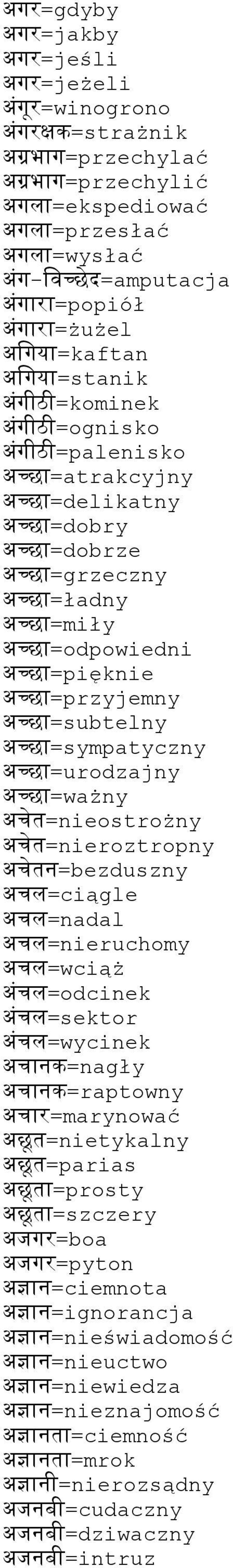 अच-=sympatyczny अच-=urodzajny अच-=ważny अचत=nieostrożny अचत=nieroztropny अचतन=bezduszny अचल=ciągle अचल=nadal अचल=nieruchomy अचल=wciąż अचल=odcinek अचल=sektor अचल=wycinek अचनक=nagły अचनक=raptowny