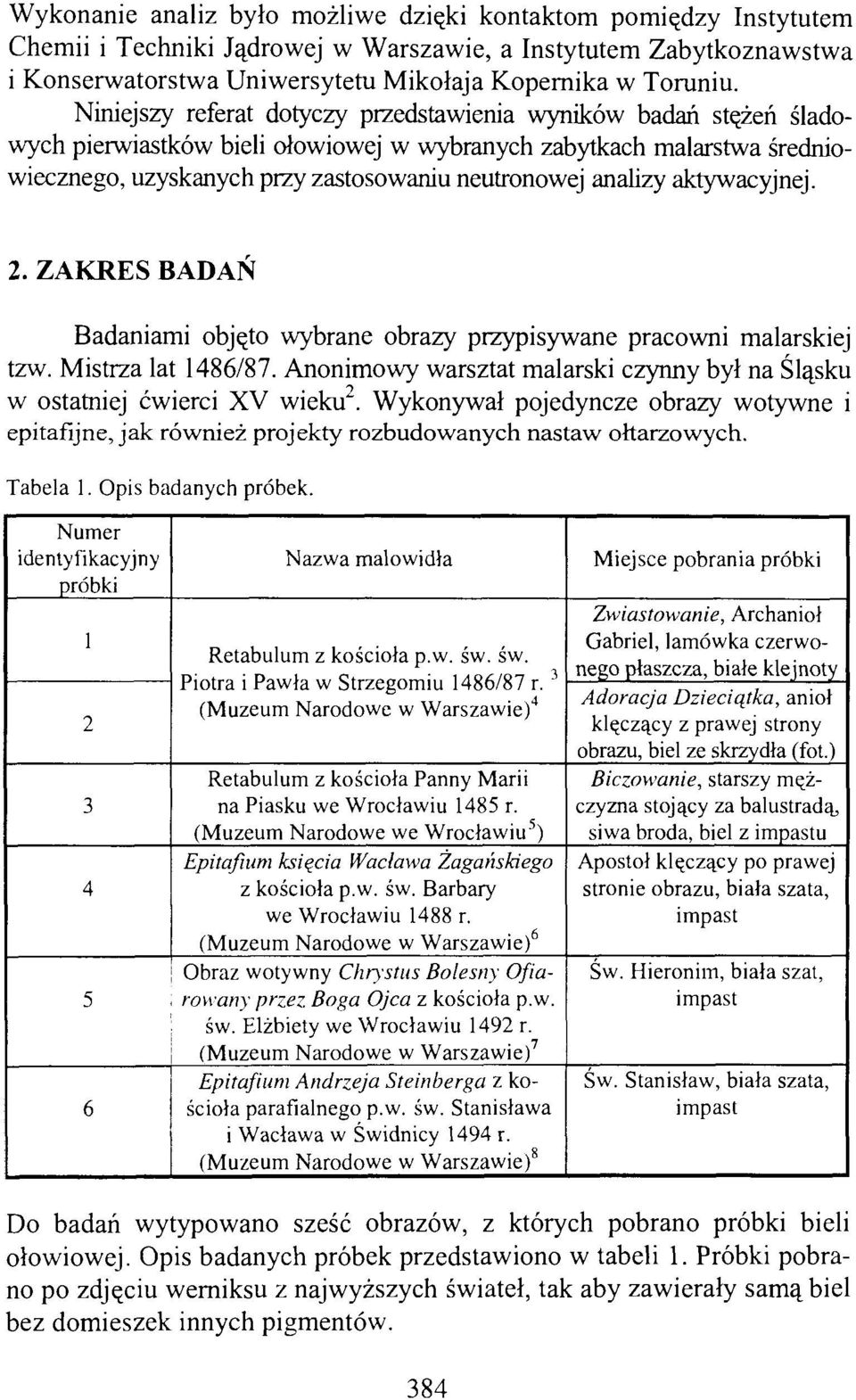 aktywacyjnej. 2. ZAKRES BADAŃ Badaniami objęto wybrane obrazy przypisywane pracowni malarskiej tzw. Mistrza lat 148/87. Anonimowy warsztat malarski czynny był na Śląsku w ostatniej ćwierci XV wieku.