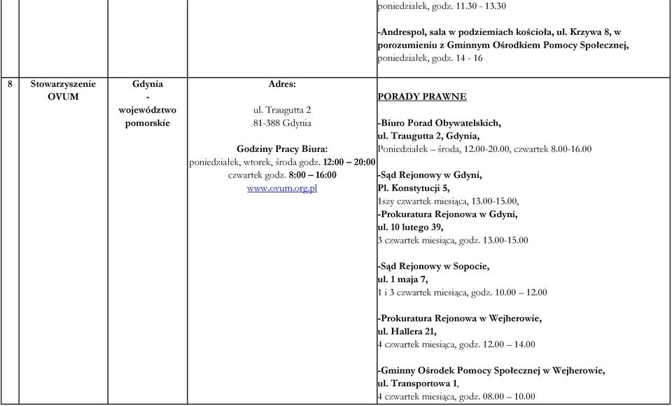 Traugutta 2, Gdynia, Poniedziałek środa, 12.00-20.00, czwartek 8.00-16.00 -Sąd Rejonowy w Gdyni, Pl. Konstytucji 5, 1szy czwartek miesiąca, 13.00-15.00, -Prokuratura Rejonowa w Gdyni, ul.