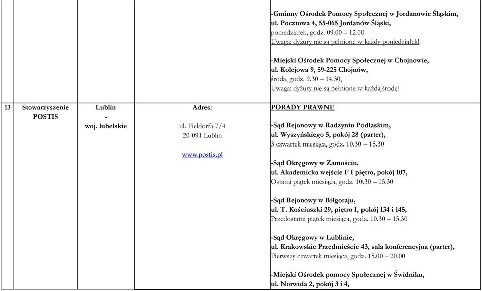 lubelskie ul. Fieldorfa 7/4 20-091 Lublin www.postis.pl -Sąd Rejonowy w Radzyniu Podlaskim, ul. Wyszyńskiego 5, pokój 28 (parter), 3 czwartek miesiąca, godz. 10.30 15.30 -Sąd Okręgowy w Zamościu, ul.