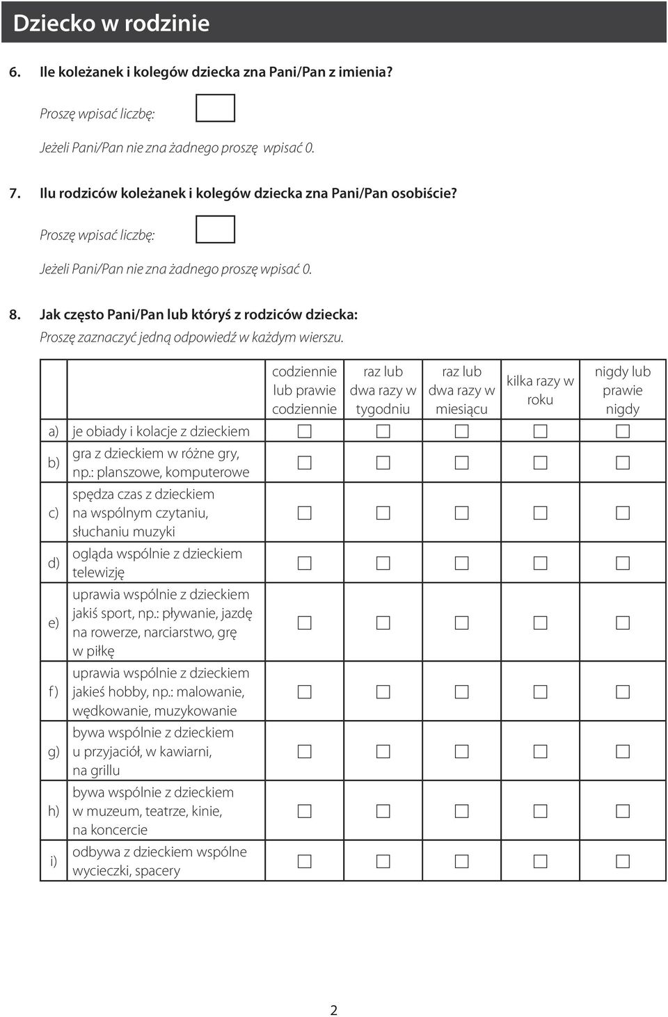 Jak często Pani/Pan lub któryś z rodziców dziecka: Proszę zaznaczyć jedną odpowiedź w każdym wierszu.