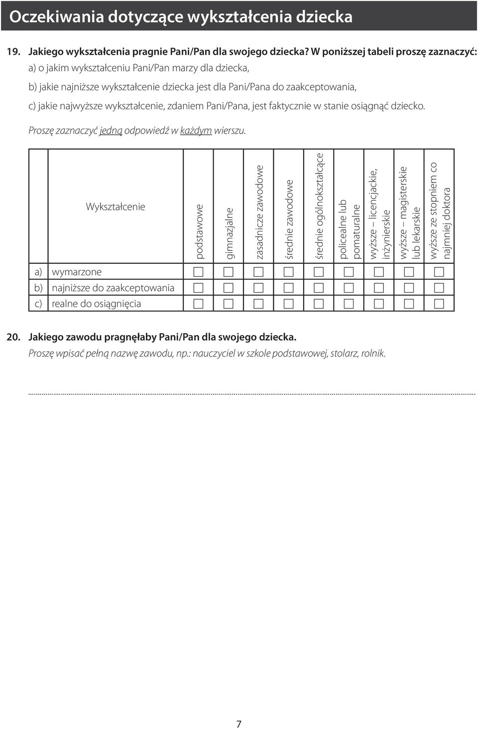 wykształcenie, zdaniem Pani/Pana, jest faktycznie w stanie osiągnąć dziecko. Proszę zaznaczyć jedną odpowiedź w każdym wierszu.