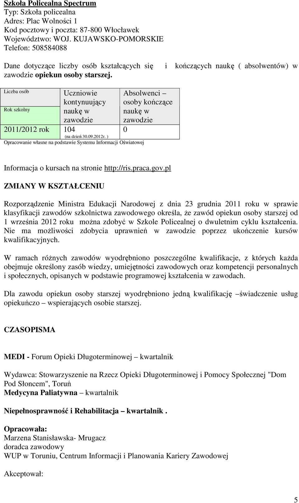 Liczba osób Uczniowie kontynuujący Rok szkolny naukę w zawodzie 2011/2012 rok 104 (na dzień 30.09.2012r.