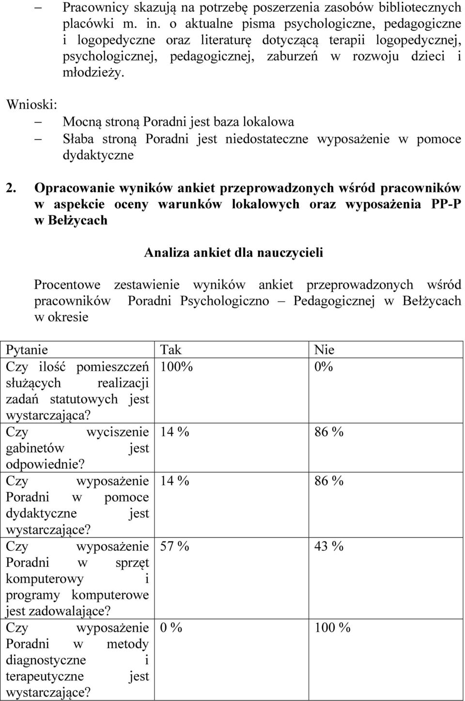 Wnioski: Mocną stroną Poradni jest baza lokalowa Słaba stroną Poradni jest niedostateczne wyposażenie w pomoce dydaktyczne 2.