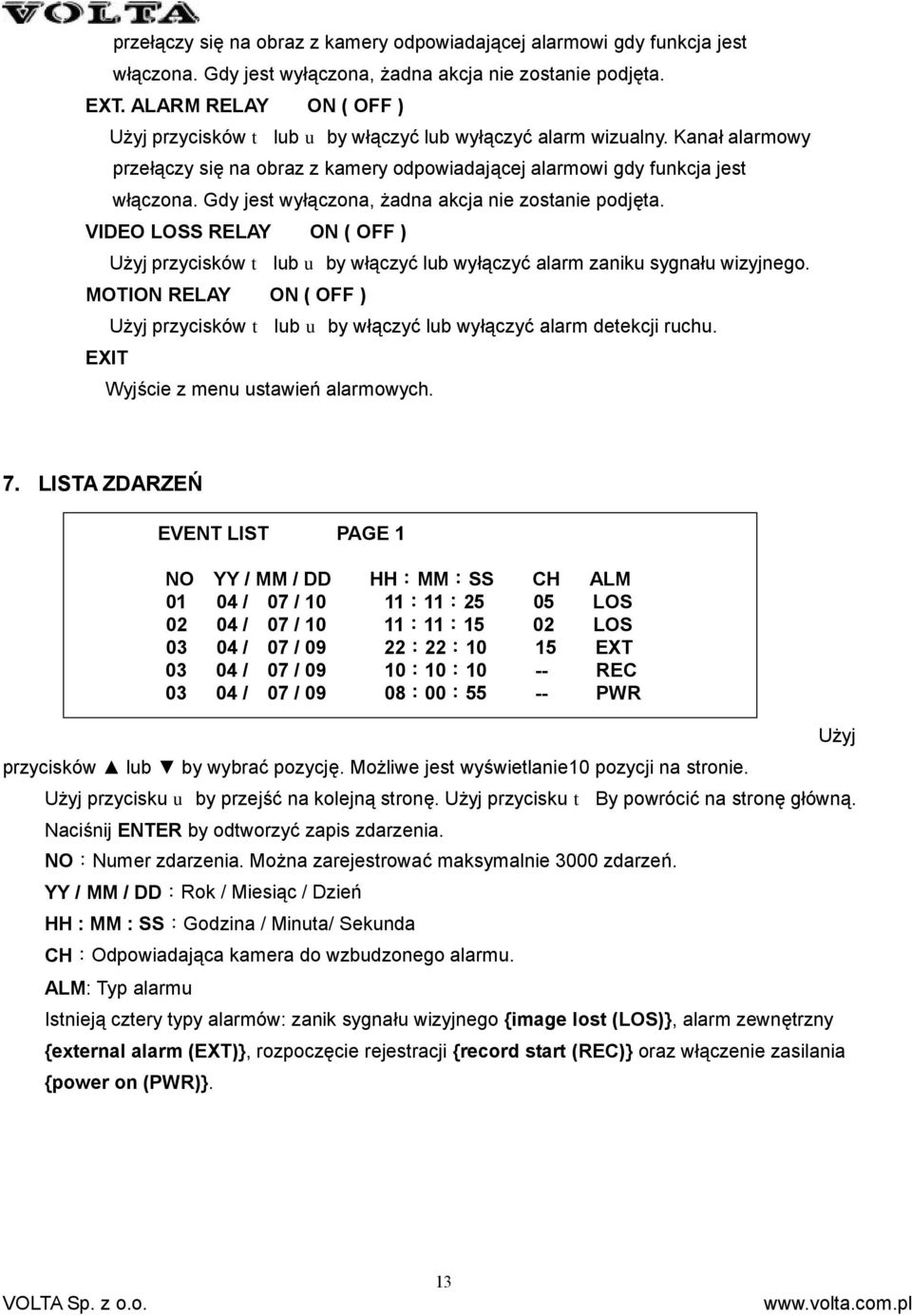 Gdy jest wyłączona, żadna akcja nie zostanie podjęta. VIDEO LOSS RELAY ON ( OFF ) Użyj przycisków t lub u by włączyć lub wyłączyć alarm zaniku sygnału wizyjnego.