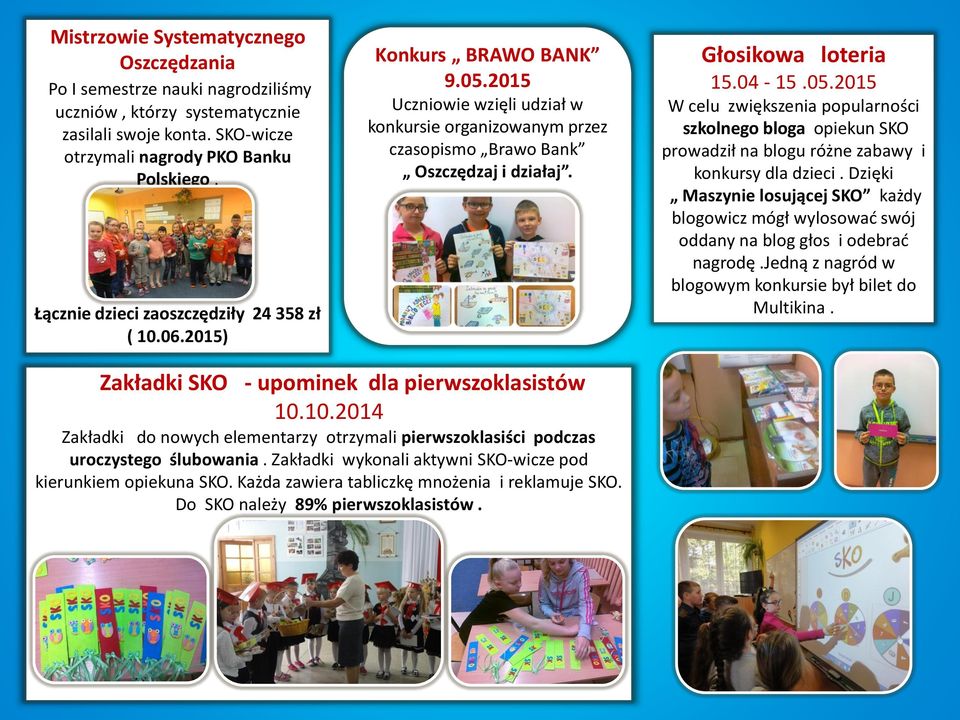 Głosikowa loteria 15.04-15.05.2015 W celu zwiększenia popularności szkolnego bloga opiekun SKO prowadził na blogu różne zabawy i konkursy dla dzieci.