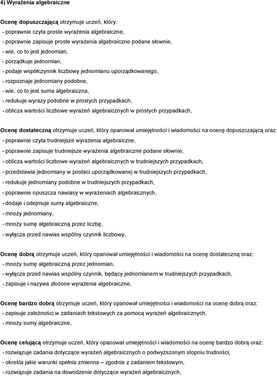 liczbowe wyrażeń algebraicznych w prostych przypadkach, - poprawnie czyta trudniejsze wyrażenia algebraiczne, - poprawnie zapisuje trudniejsze wyrażenia algebraiczne podane słownie, - oblicza