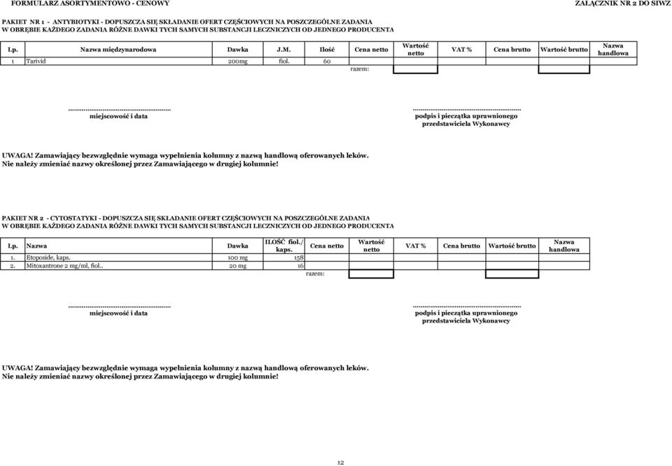 60 razem: Wartość netto VAT % Cena brutto Wartość brutto Nazwa handlowa miejscowość i data podpis i pieczątka uprawnionego przedstawiciela Wykonawcy UWAGA!