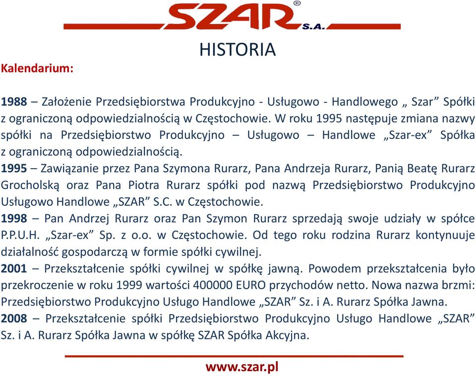 1995 Zawiązanie przez Pana Szymona Rurarz, Pana Andrzeja Rurarz, Panią Beatę Rurarz Grocholską oraz Pana Piotra Rurarz spółki pod nazwą Przedsiębiorstwo Produkcyjno Usługowo Handlowe SZAR S.C.