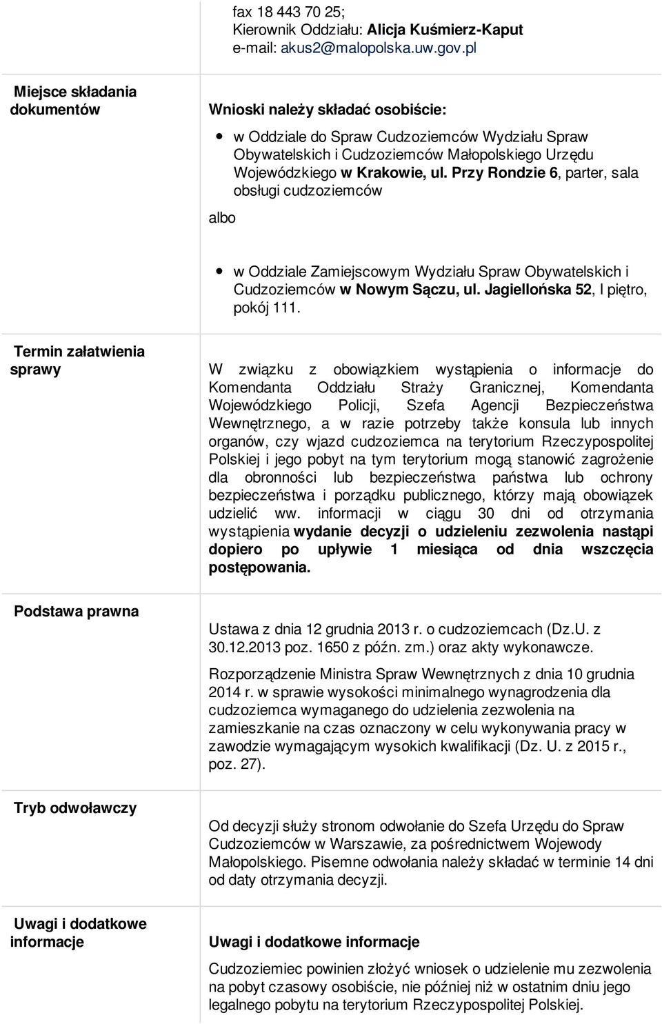 Przy Rondzie 6, parter, sala obsługi cudzoziemców w Oddziale Zamiejscowym Wydziału Spraw Obywatelskich i Cudzoziemców w Nowym Sączu, ul. Jagiellońska 52, I piętro, pokój 111.