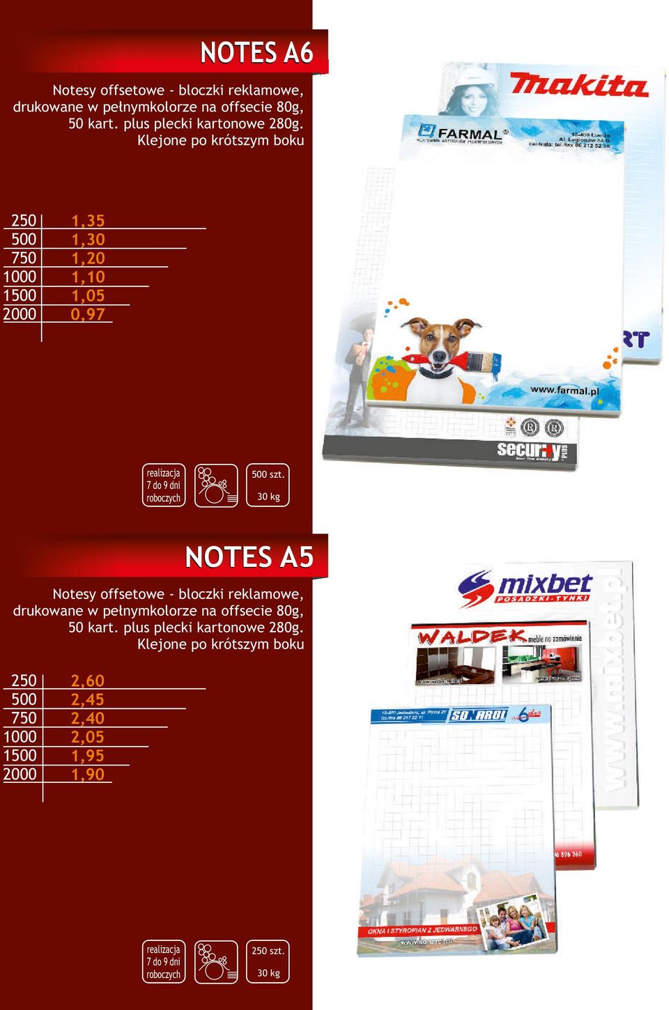 30 kg NOTES A5 Notesy offsetowe - bloczki reklamowe, drukowane w pełnymkolorze na offsecie 80g, 50 kart.