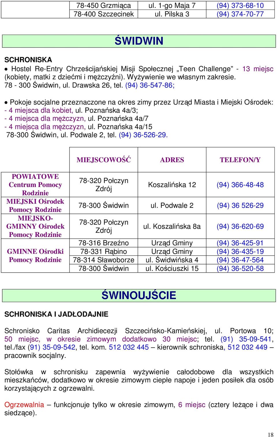 78-300 Świdwin, ul. Drawska 26, tel. (94) 36-547-86; Pokoje socjalne przeznaczone na okres zimy przez Urząd Miasta i Miejski Ośrodek: - 4 miejsca dla kobiet, ul.