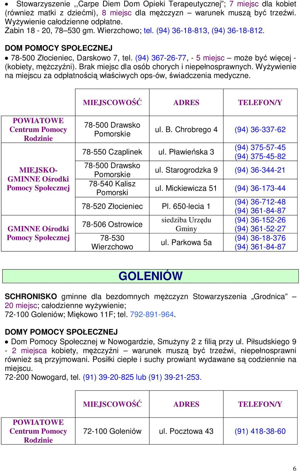 Brak miejsc dla osób chorych i niepełnosprawnych. Wyżywienie na miejscu za odpłatnością właściwych ops-ów, świadczenia medyczne. 78-500 Drawsko Pomorskie 78-550 Czaplinek ul.