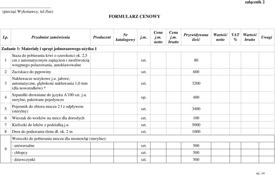 2,5 cm z automatycznym zapięciem i możliwością wstępnego poluzowania, autoklawowalne szt. 80 2 Zaciskacz do pępowiny szt. 600 3 Nakłuwacze nożykowe j.u. jałowe, automatyczne, głębokość nakłuwania 1,0 mm (dla noworodków) * szt.