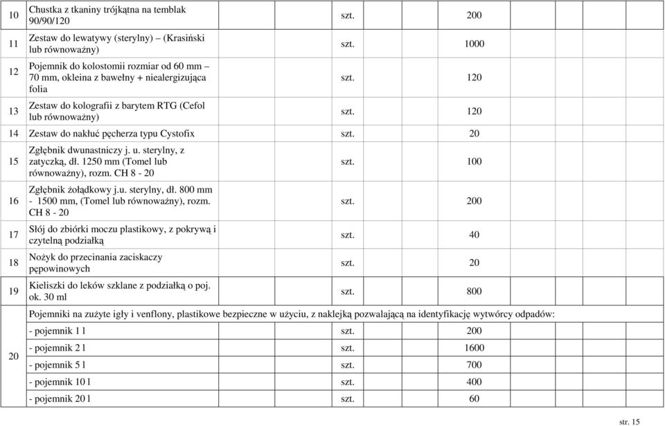 20 15 16 17 18 19 20 Zgłębnik dwunastniczy j. u. sterylny, z zatyczką, dł. 1250 mm (Tomel lub równoważny), rozm. CH 8-20 Zgłębnik żołądkowy j.u. sterylny, dł.