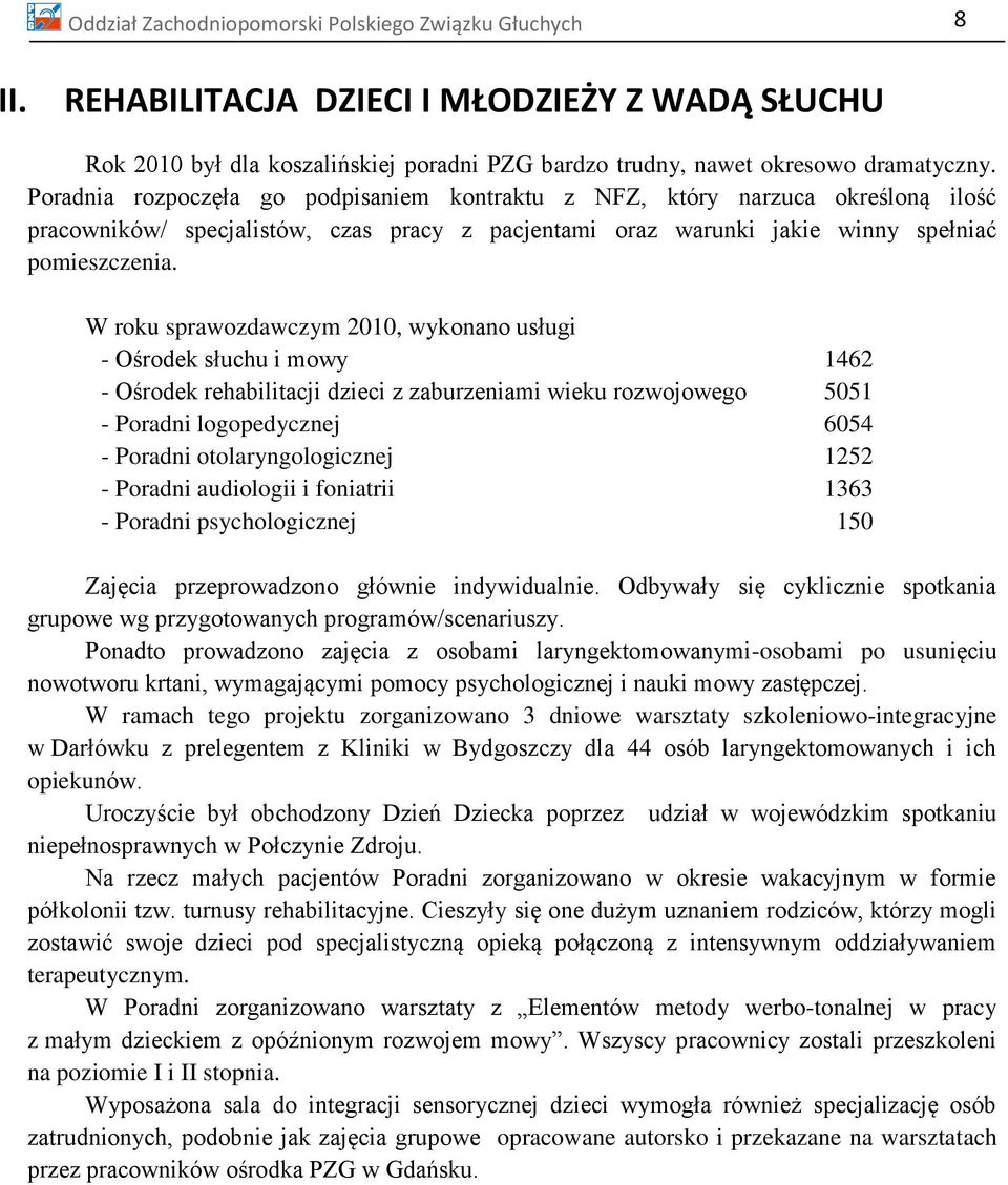 W roku sprawozdawczym 2010, wykonano usługi - Ośrodek słuchu i mowy 1462 - Ośrodek rehabilitacji dzieci z zaburzeniami wieku rozwojowego 5051 - Poradni logopedycznej 6054 - Poradni