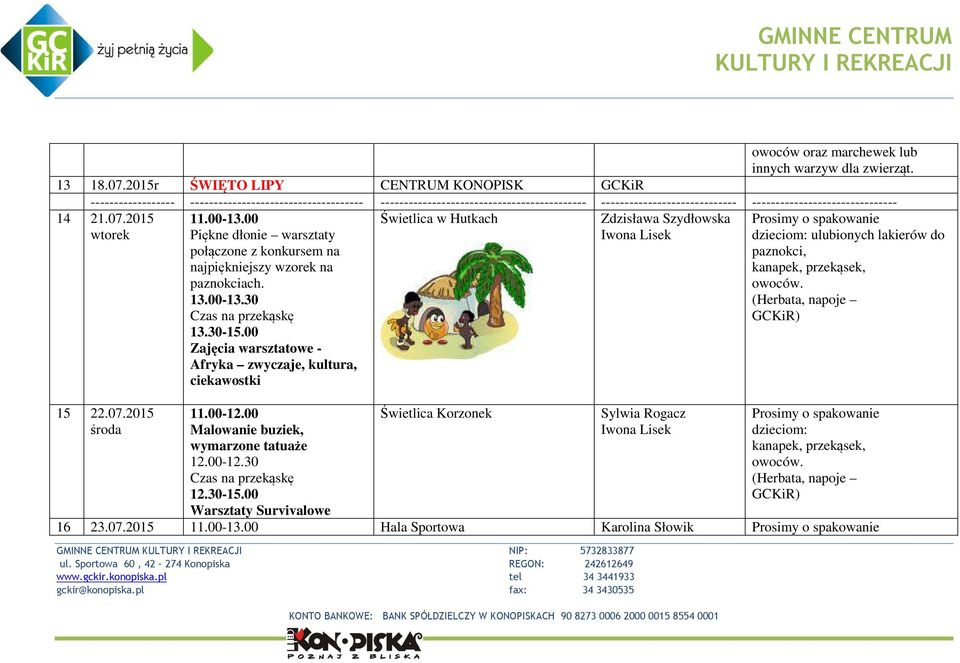 ------------------------------- 14 21.07.2015 wtorek Świetlica w Hutkach Zdzisława Szydłowska Iwona Lisek 15 22.07.2015 środa 11.00-13.