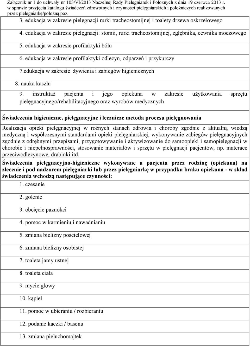 instruktaż pacjenta i jego opiekuna w zakresie użytkowania sprzętu pielęgnacyjnego/rehabilitacyjnego oraz wyrobów medycznych Świadczenia higieniczne, pielęgnacyjne i lecznicze metoda procesu