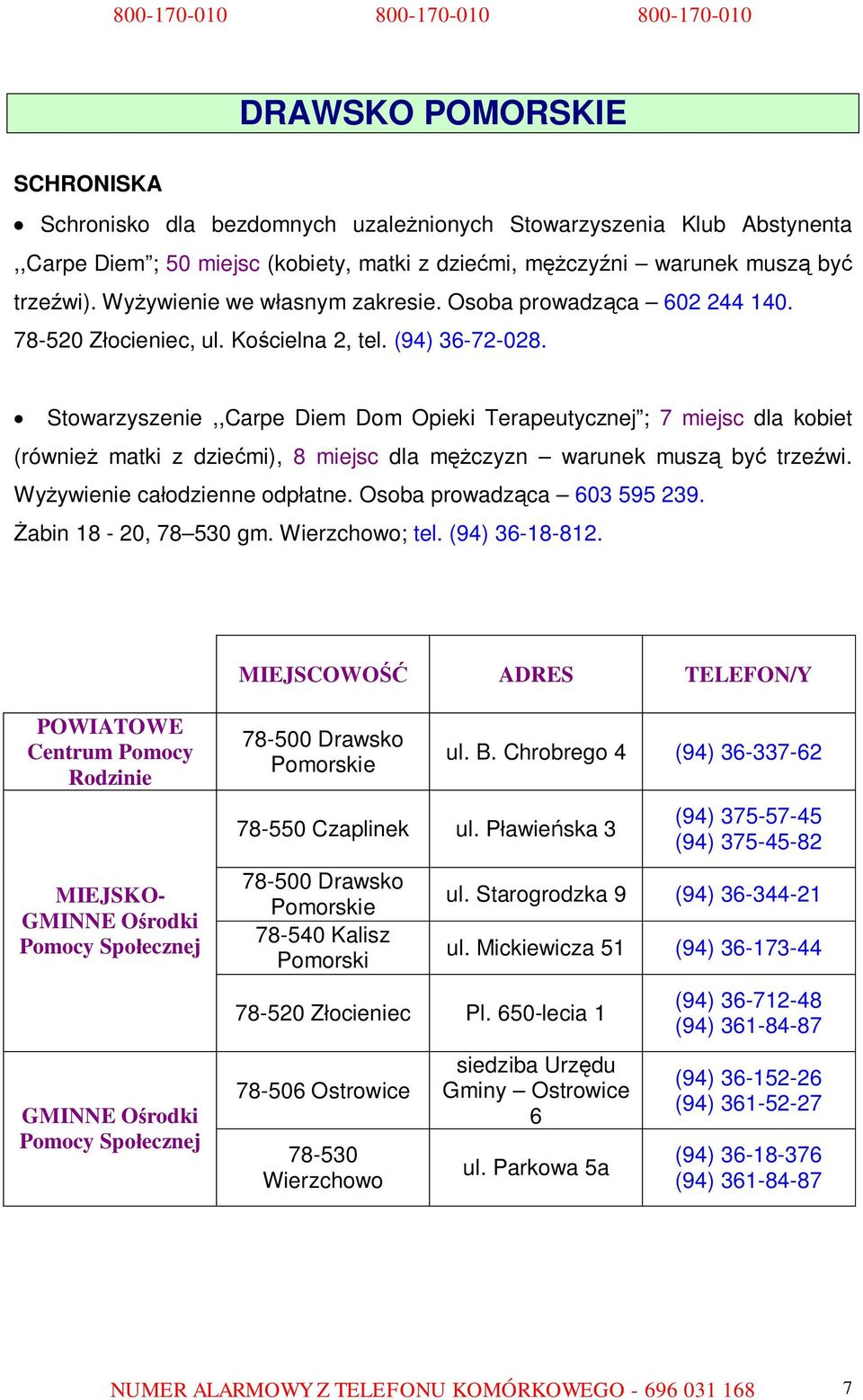 Stowarzyszenie,,Carpe Diem Dom Opieki Terapeutycznej ; 7 miejsc dla kobiet (również matki z dziećmi), 8 miejsc dla mężczyzn warunek muszą być trzeźwi. Wyżywienie całodzienne odpłatne.