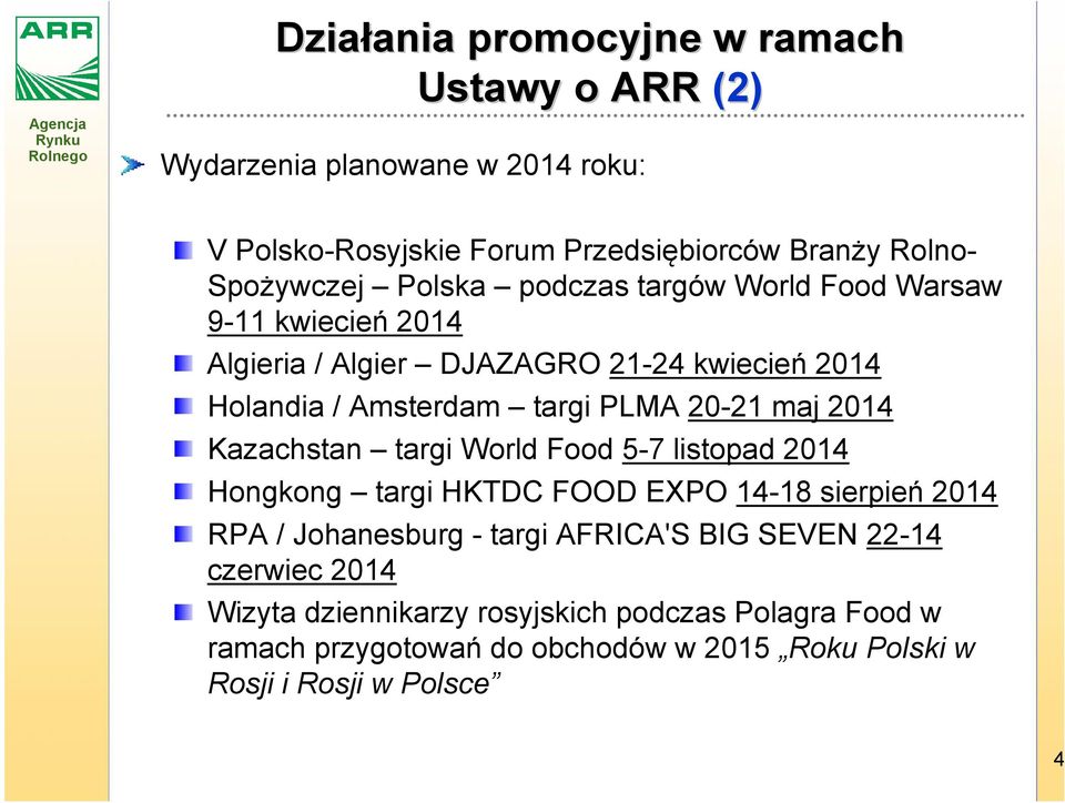 20-21 maj 2014 Kazachstan targi World Food 5-7 listopad 2014 Hongkong targi HKTDC FOOD EXPO 14-18 sierpień 2014 RPA / Johanesburg - targi AFRICA'S