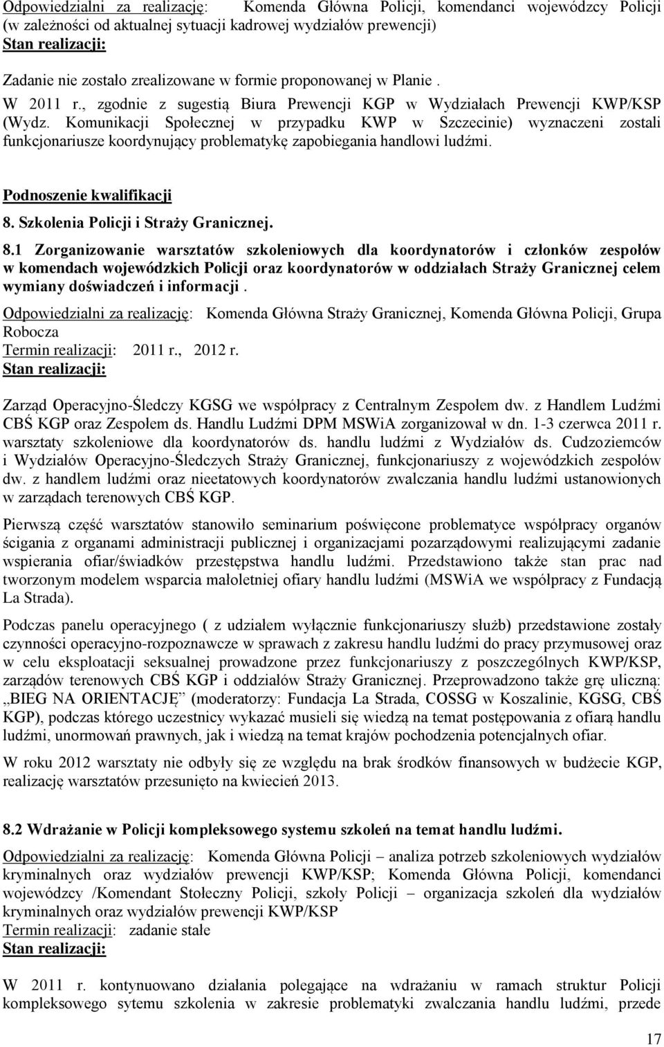 Komunikacji Społecznej w przypadku KWP w Szczecinie) wyznaczeni zostali funkcjonariusze koordynujący problematykę zapobiegania handlowi ludźmi. Podnoszenie kwalifikacji 8.