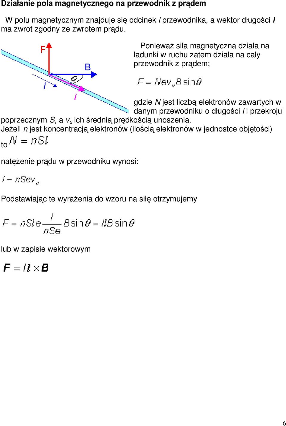 Ponieważ siła magnetyczna działa na ładunki w ruchu zatem działa na cały przewodnik z prądem; gdzie N jest liczbą elektronów zawartych w danym