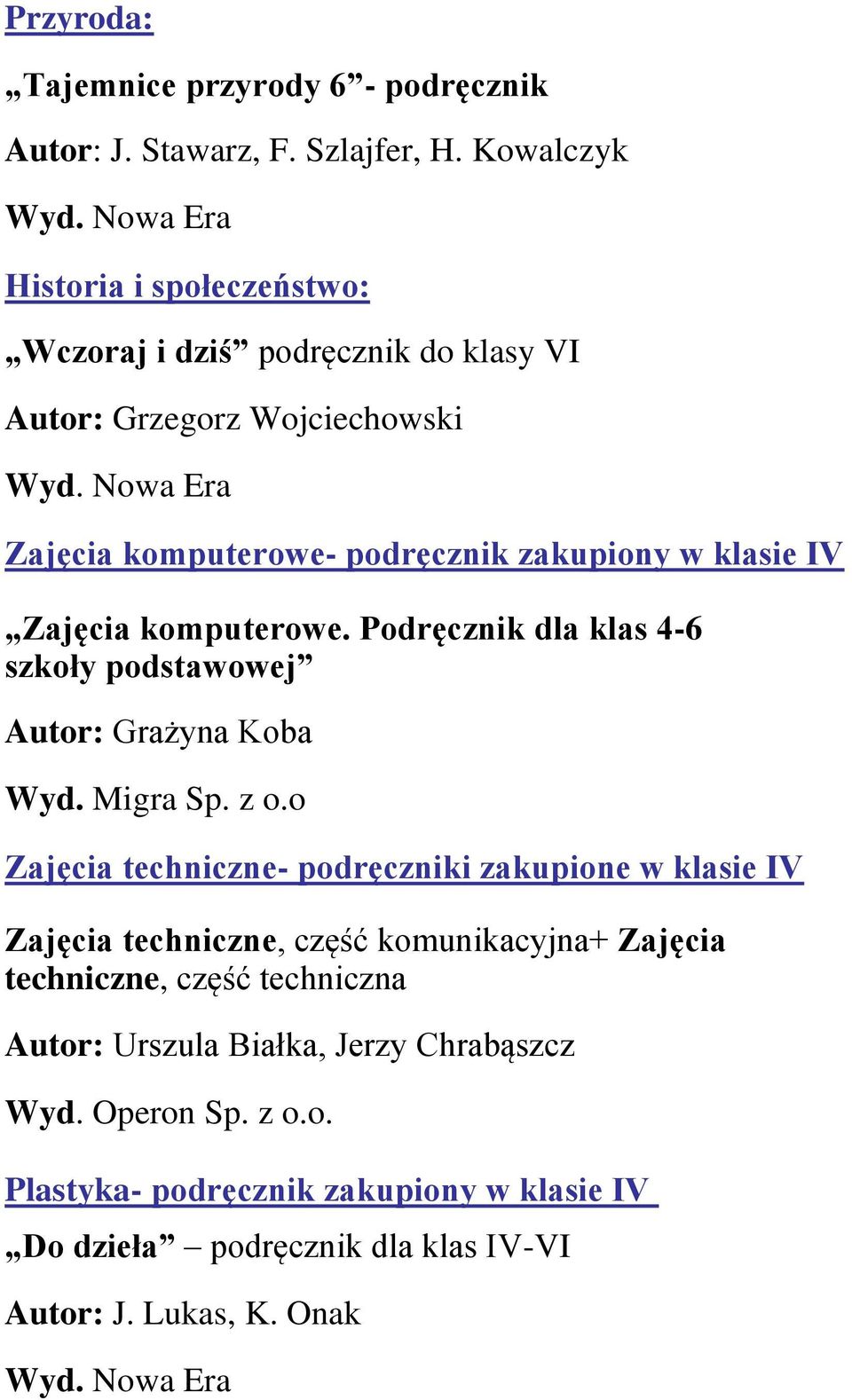 Zajęcia komputerowe. Podręcznik dla klas 4-6 szkoły podstawowej Autor: Grażyna Koba Wyd. Migra Sp. z o.