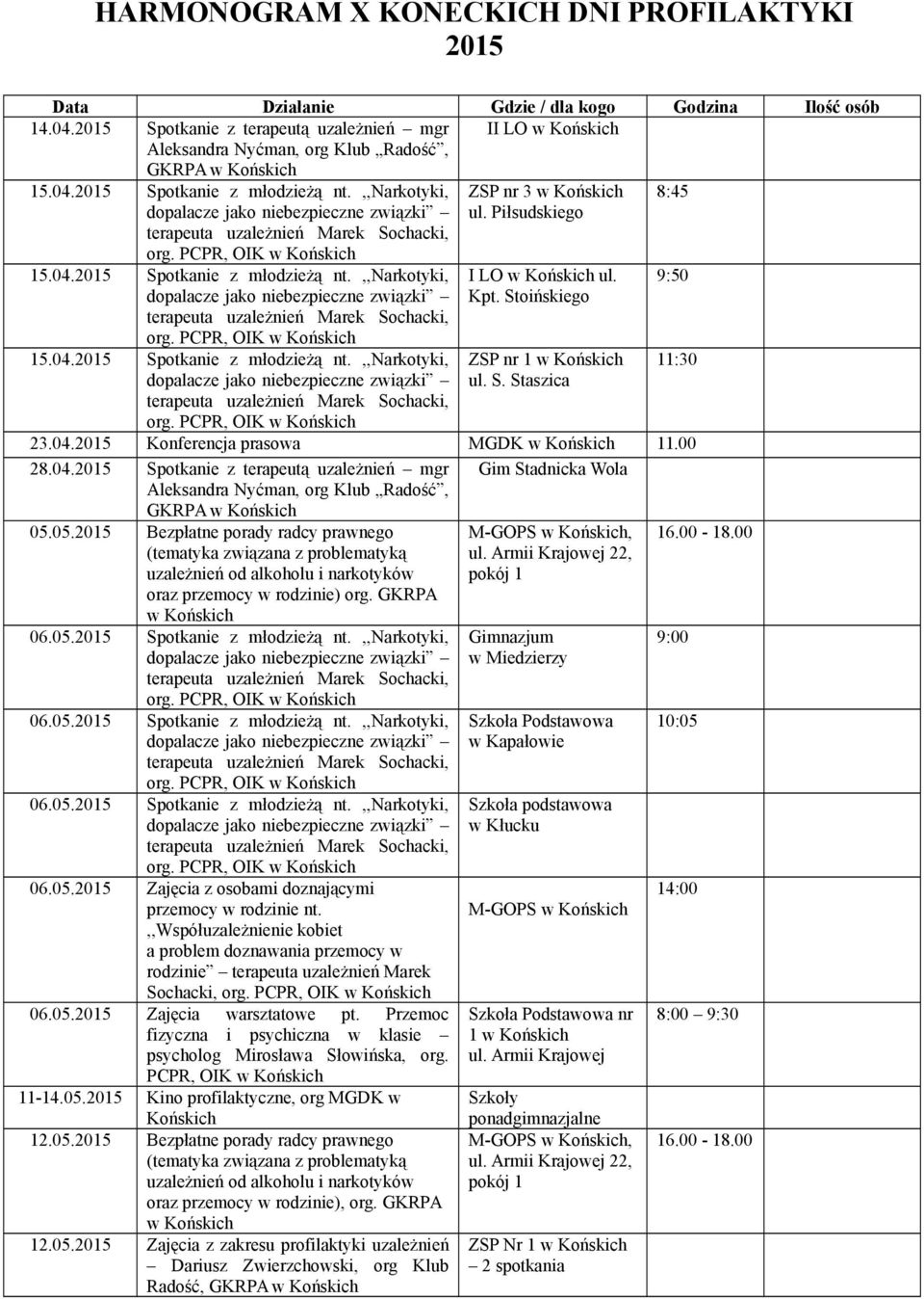 05.2015 Bezpłatne porady radcy prawnego oraz przemocy w rodzinie) org. GKRPA w org. PCPR, OIK w org. PCPR, OIK w org. PCPR, OIK w 06.05.2015 Zajęcia z osobami doznającymi przemocy w rodzinie nt.