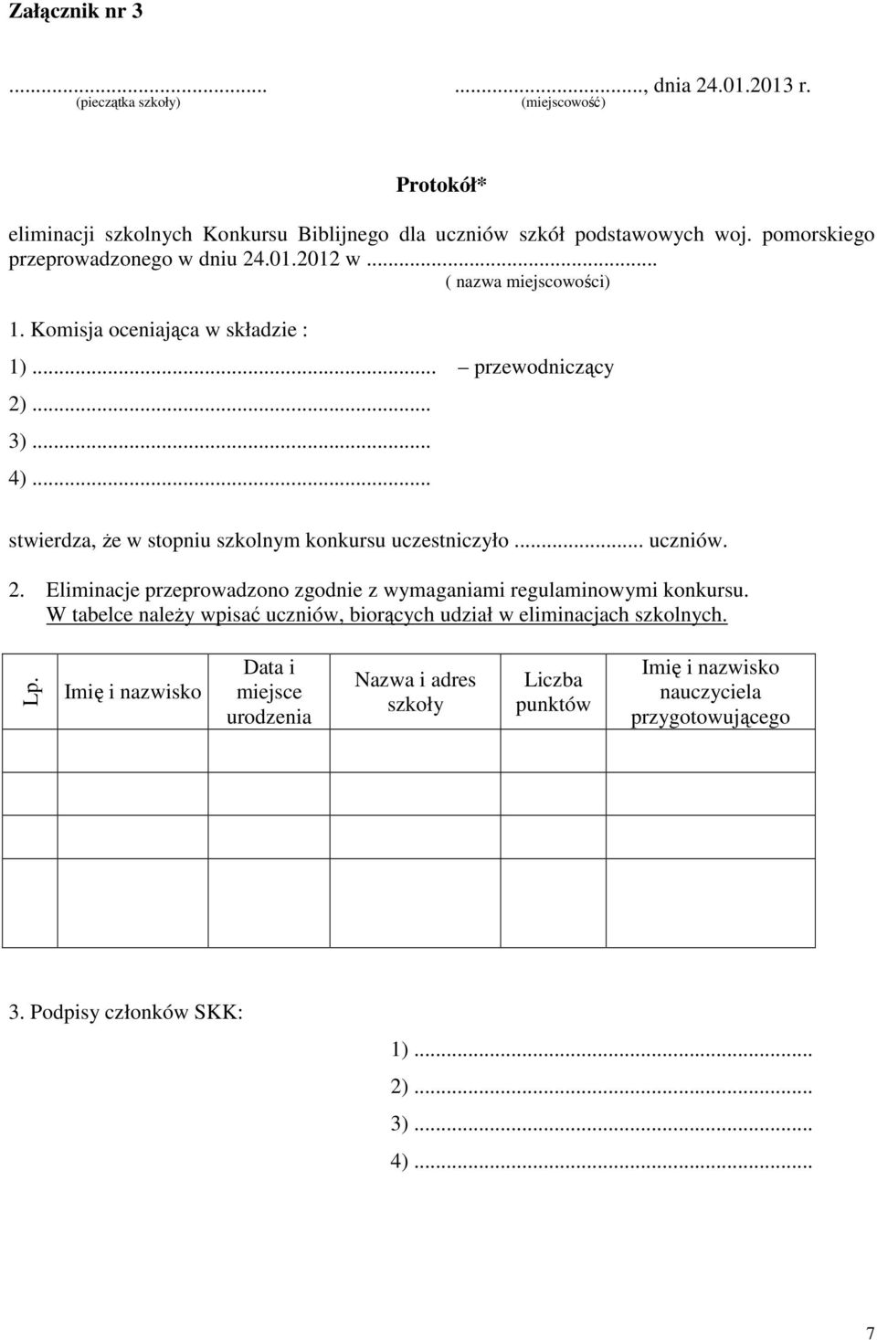 .. stwierdza, że w stopniu szkolnym konkursu uczestniczyło... uczniów. 2. Eliminacje przeprowadzono zgodnie z wymaganiami regulaminowymi konkursu.