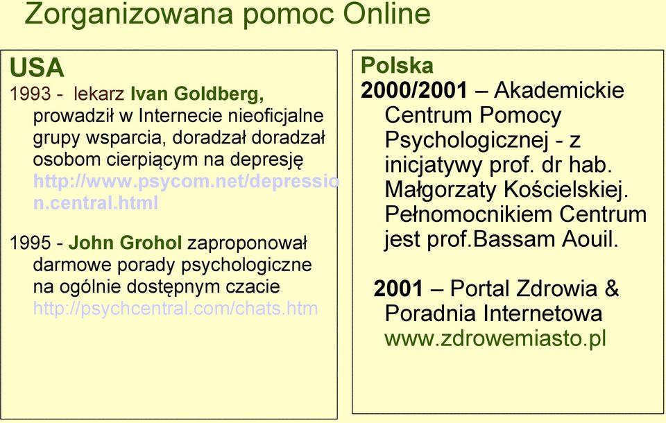 html 1995 - John Grohol zaproponował darmowe porady psychologiczne na ogólnie dostępnym czacie http://psychcentral.com/chats.