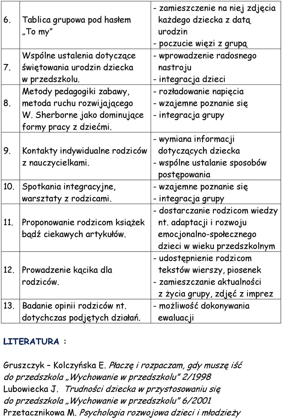 Proponowanie rodzicom książek bądź ciekawych artykułów. 12. Prowadzenie kącika dla rodziców. 13. Badanie opinii rodziców nt. dotychczas podjętych działań.