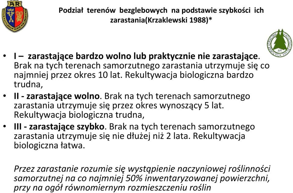 Brak na tych terenach samorzutnego zarastania utrzymuje sięprzez okres wynoszący 5 lat. Rekultywacja biologiczna trudna, III -zarastające szybko.