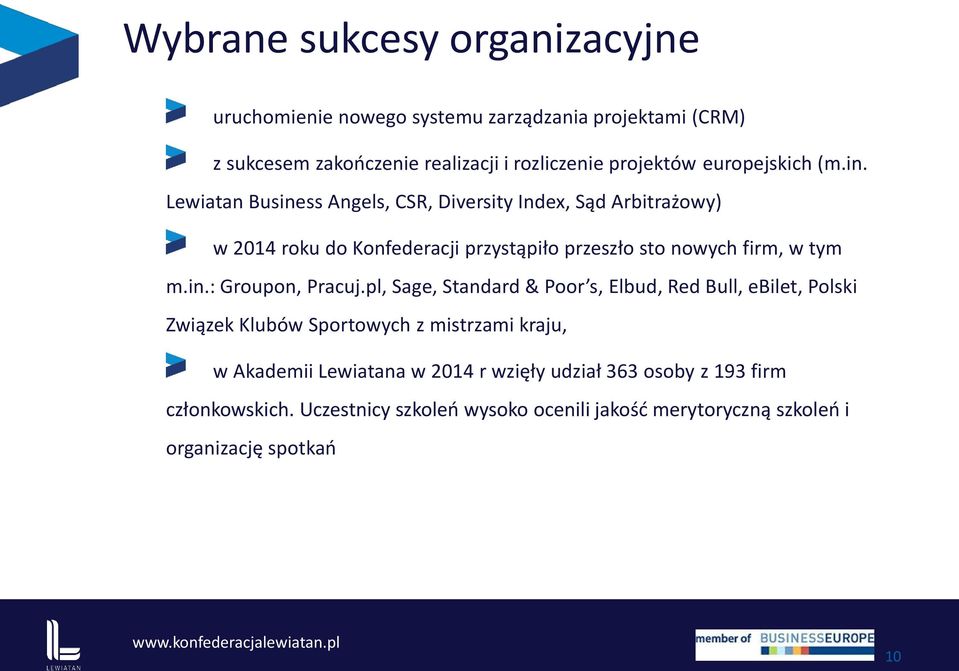 Lewiatan Business Angels, CSR, Diversity Index, Sąd Arbitrażowy) w 2014 roku do Konfederacji przystąpiło przeszło sto nowych firm, w tym m.in.: Groupon, Pracuj.