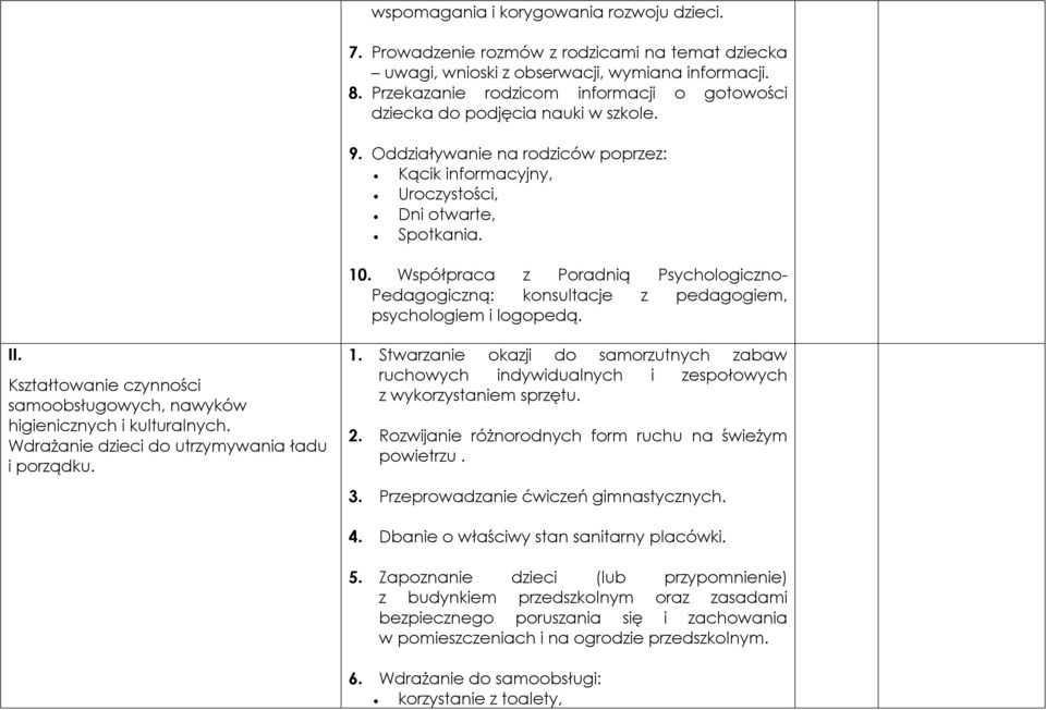 Współpraca z Poradnią Psychologiczno- Pedagogiczną: konsultacje z pedagogiem, psychologiem i logopedą. II. Kształtowanie czynności samoobsługowych, nawyków higienicznych i kulturalnych.