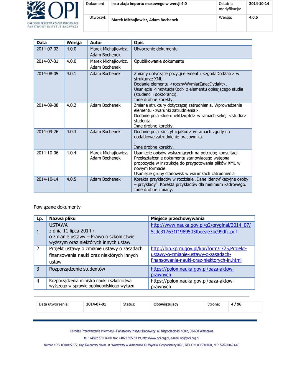 4-09-08 4.0.2 Adam Bochenek Zmiana struktury dotyczącej zatrudnienia. Wprowadzenie elementu <warunki zatrudnienia>. Dodanie pola <kierunekuzupid> w ramach sekcji <studia> studenta.