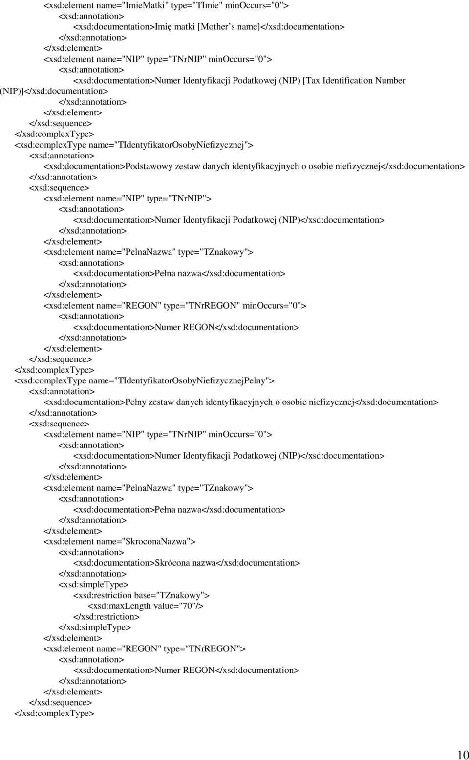 <xsd:documentation>podstawowy zestaw danych identyfikacyjnych o osobie niefizycznej</xsd:documentation> <xsd:sequence> <xsd:element name="nip" type="tnrnip"> <xsd:documentation>numer Identyfikacji