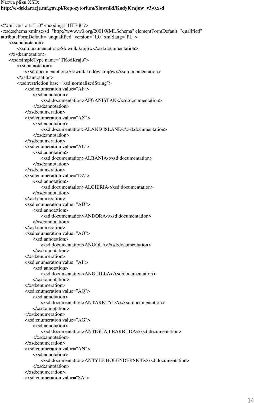 0" xml:lang="pl"> <xsd:documentation>słownik krajów</xsd:documentation> <xsd:simpletype name="tkodkraju"> <xsd:documentation>słownik kodów krajów</xsd:documentation> <xsd:restriction