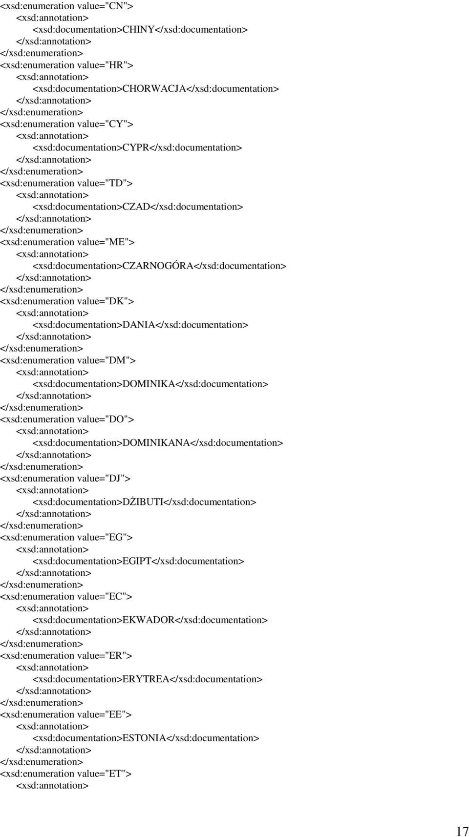 <xsd:enumeration value="dk"> <xsd:documentation>dania</xsd:documentation> <xsd:enumeration value="dm"> <xsd:documentation>dominika</xsd:documentation> <xsd:enumeration value="do">