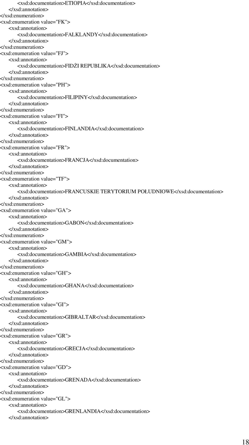 <xsd:enumeration value="fr"> <xsd:documentation>francja</xsd:documentation> <xsd:enumeration value="tf"> <xsd:documentation>francuskie TERYTORIUM POŁUDNIOWE</xsd:documentation> <xsd:enumeration