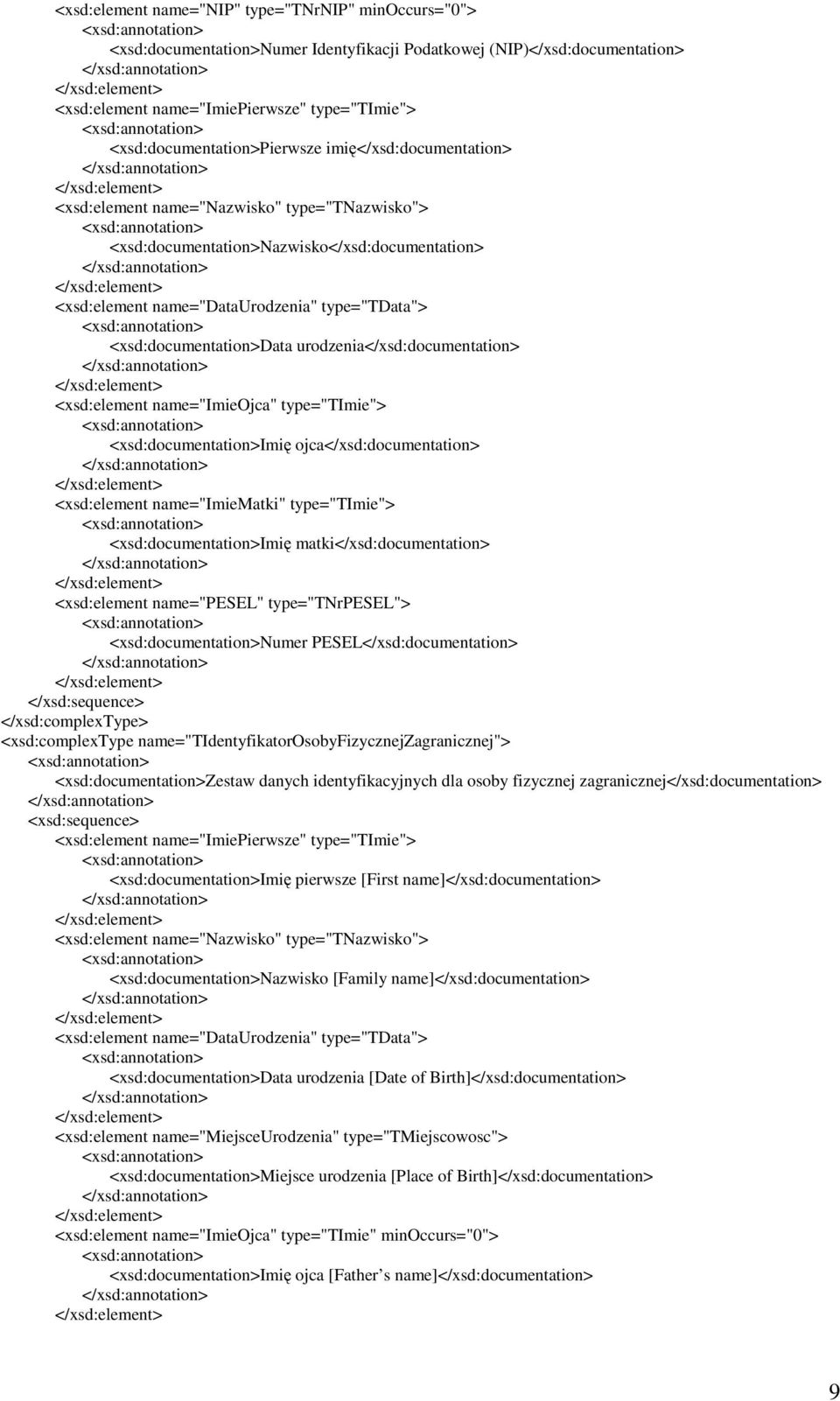 <xsd:documentation>data urodzenia</xsd:documentation> <xsd:element name="imieojca" type="timie"> <xsd:documentation>imię ojca</xsd:documentation> <xsd:element name="imiematki" type="timie">