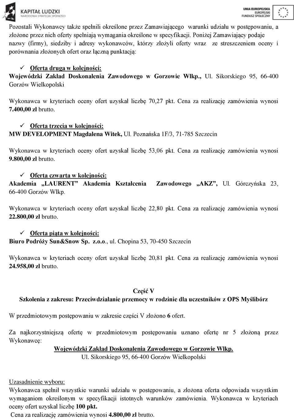 Wykonawca w kryteriach oceny ofert uzyskał liczbę 53,06 pkt. Cena za realizację zamówienia wynosi 9.800,00 zł brutto. Akademia LAURENT Akademia Kształcenia Zawodowego AKZ, Ul.