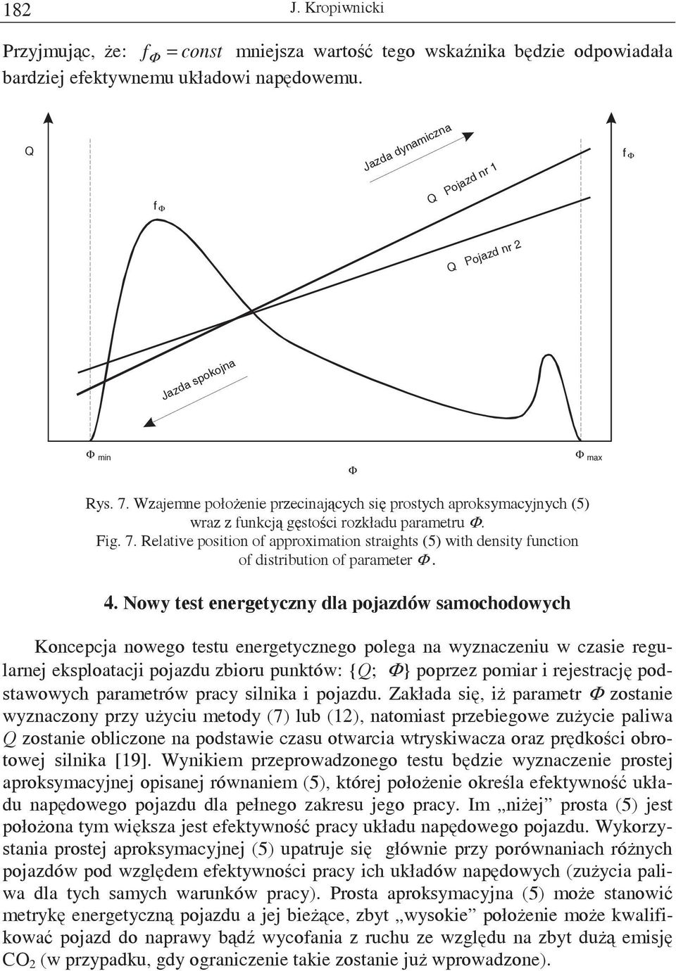 Fig. 7. Relative position of approximation straights (5) with density function of distribution of parameter Φ. 4.