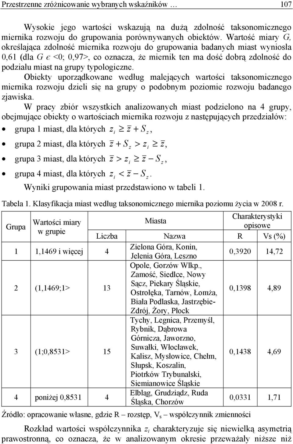 Obekty uporządkowane według malejących wartośc taksonomcznego mernka rozwoju dzel sę na grupy o podobnym pozome rozwoju badanego zjawska.