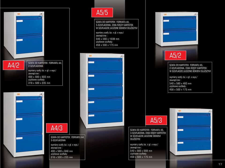 400 x 580 x 603 mm 318 x 500 x 235 mm 540 x 580 x 483 mm 458 x 500 x 175 mm A4/3 SZAFA DO KARTOTEK FORMATU A4, 3-SZUFLADOWA 400 x 580 x 848 mm 318 x