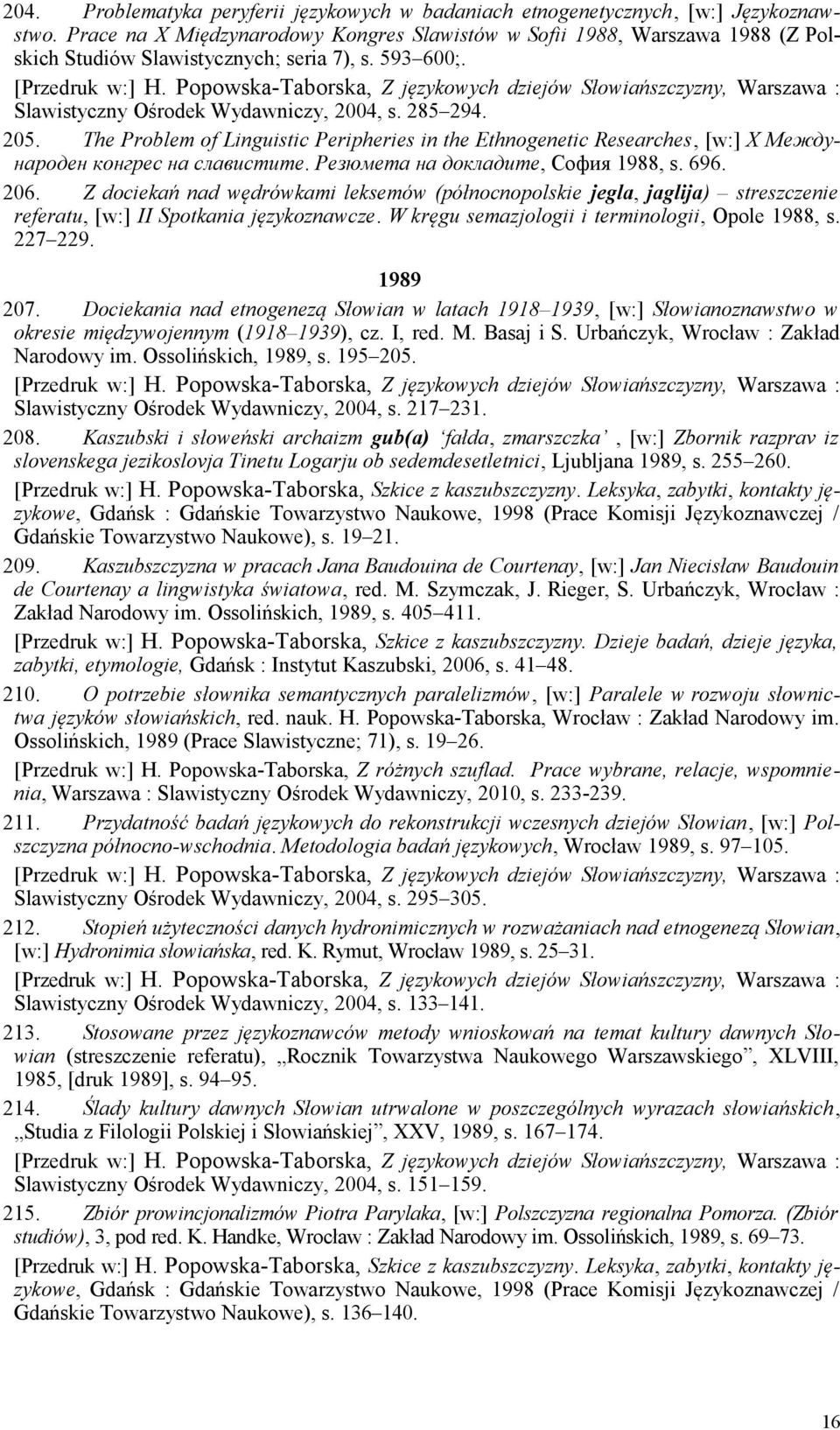 The Problem of Linguistic Peripheries in the Ethnogenetic Researches, [w:] X Meждународен конгрес на славистите. Рeзюмета на докладите, София 1988, s. 696. 206.