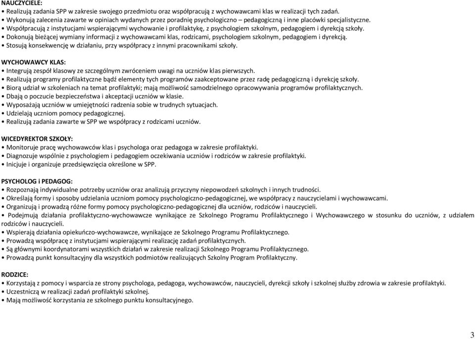 Współpracują z instytucjami wspierającymi wychowanie i profilaktykę, z psychologiem szkolnym, pedagogiem i dyrekcją szkoły.