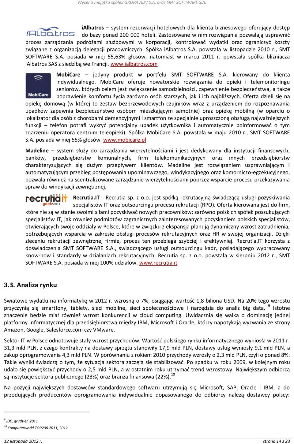 Spółka ialbatros S.A. powstała w listopadzie 2010 r., SMT SOFTWARE S.A. posiada w niej 55,63% głosów, natomiast w marcu 2011 r. powstała spółka bliźniacza ialbatros SAS z siedzibą we Francji. www.